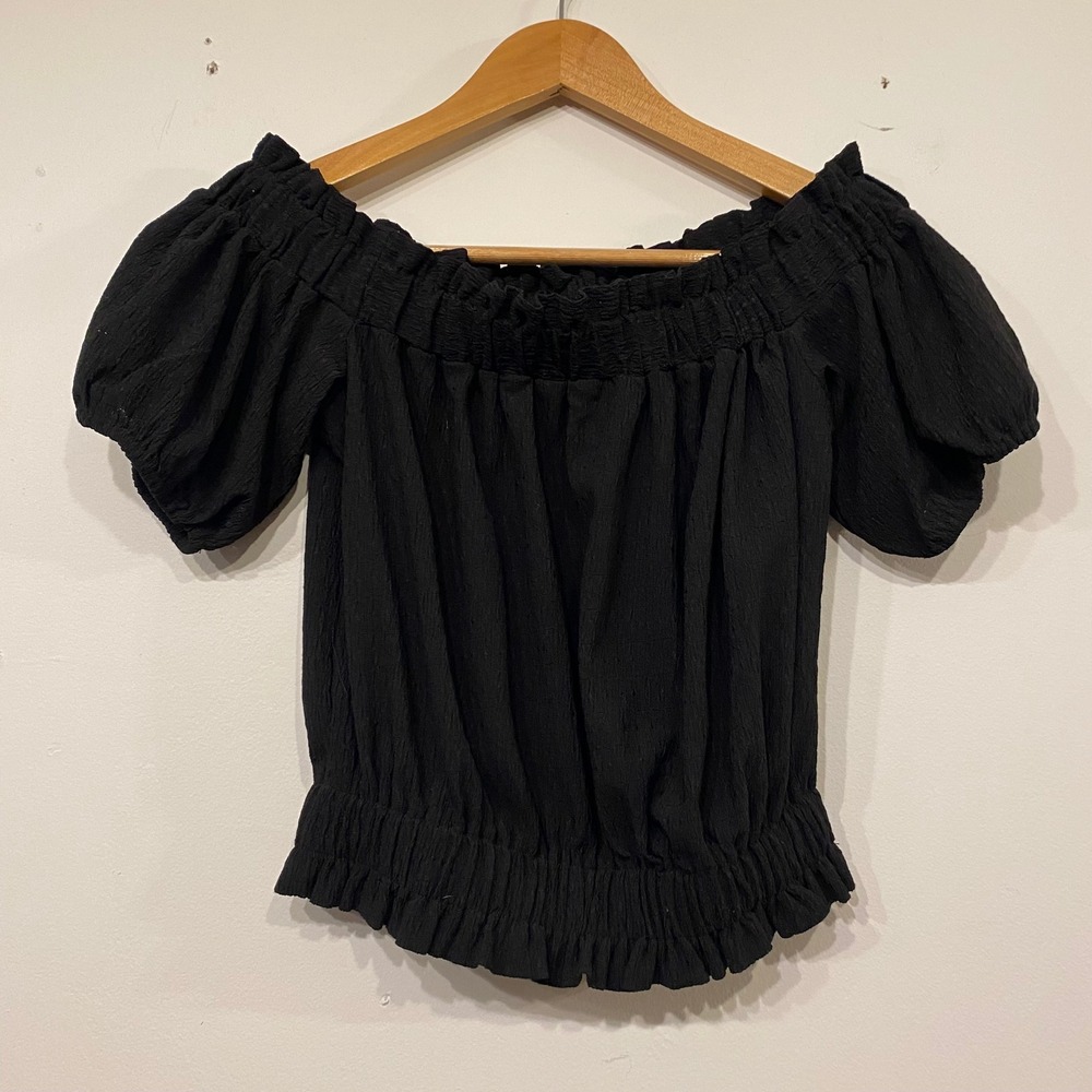 LOFT Black Off The Shoulder Smocked Puff Sleeve Blouse XXS Romantic Boho